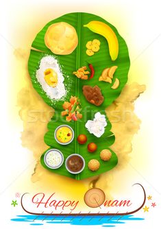 happy nanam greeting card with banana leaf and various foods on it stock photo ©on