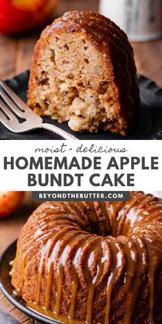 an apple bundt cake with caramel drizzle on top and the words, homemade apple bundt cake next to it