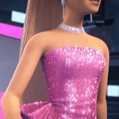 an animated woman in a pink dress with long blonde hair wearing large silver hoop earrings