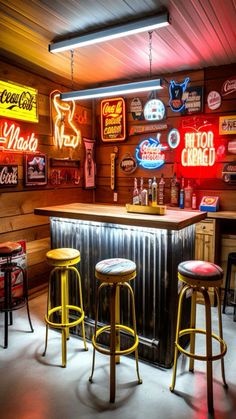 an image of a bar with neon signs on the wall and stools in front