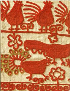 an embroidered piece with red birds and flowers on white fabric, in front of a beige background