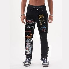 Nwt Men's Streetwear Graffiti Jeans. Size 34. Black. Multi Color All Over Graffiti. Zip Button Fly 5 Pocket Styling Belt Loops Approximate Measurements Waist 34" Rise 11" Inseam 30" Urban Black Jeans With Letter Print, Black Urban Jeans With Letter Print, Black Cotton Jeans With Graphic Print, Black Jeans With Letter Print For Streetwear, Urban Black Slim Fit Jeans, Slim Fit Black Bottoms For Streetwear, Black Graphic Print Hip Hop Jeans, Black Hip Hop Jeans With Graphic Print, Hip Hop Fitted Jeans For Streetwear