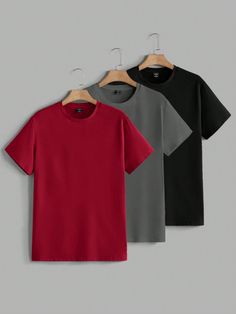 Men Plain Simple Casual Knit Short Sleeve T-Shirt Red Casual  Short Sleeve Knitted Fabric Plain  Slight Stretch  Men Clothing, size features are:Bust: ,Length: ,Sleeve Length: Plain Tee Shirts, Groom Gifts, Estilo Hip Hop, Plain Tees, Plain Tops, Knit Short, Tee Shirt Homme, Elegant Dresses Long, Women Midi