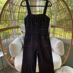 Super Cute Black Wide Leg Jumpsuit, Button Up, Pockets, Can Be Worn As Is Or Layered With A White Baby Tee Chic Overalls With Button Closure For Workwear, Chic Workwear Overalls With Button Closure, Black Bib Front Jumpsuit For Spring, Black Summer Overalls For Workwear, Fitted Black Cotton Jumpsuits And Rompers, Black High Waist Cotton Jumpsuits And Rompers, Chic Cotton Jumpsuits And Rompers With Button Closure, Black Bib Front Jumpsuit For Summer, Black Jumpsuits And Rompers With Button Closure For Spring