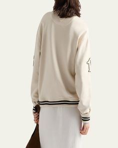 Prada felpa sweatshirt with appliques    Crew neckline    Long sleeves    Dropped shoulders    Oversized fit    Pullover style    Cotton    Dry clean    Made in Romania Made In Romania, Bergdorf Goodman, Oversized Fits, Drop Shoulder, Appliques, Pullover Styling, Romania, Crew Neckline, Prada