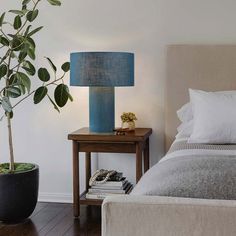 a bedroom with a bed, nightstand and potted plant on the side table next to it