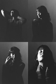 four black and white photographs of a woman talking on her cell phone, with three different angles to the same person's face