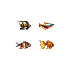 four different types of fish are shown in pixel art style, including one goldfish and the other orange