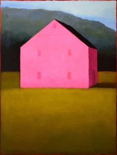 a painting of a pink house in a field