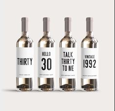 three wine bottles with labels on them that say,'thrift thirty to me '