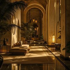 an elegant hotel lobby is lit up by the sun's rays through the windows