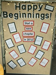 a bulletin board that says happy beginnings start a new chapel in 2014 with pictures on it