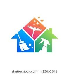 house cleaning service logo design with colorful houses and stars in the background, suitable to use as a symbol for your business or company