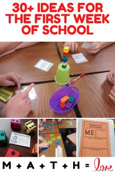 the cover of a book with pictures of children playing and building blocks on it, in front of a wooden table