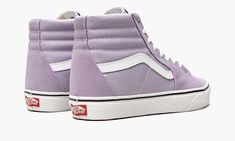 The Vans Sk8-Hi features a lavender pastel color that's good for year round wear.  Here, a pastel shade of purple is paired with bright white on the iconic Vans sidestripe, laces, and sole.  The classic high-top sneaker combines the sturdy upper with a padded collar, reinforced toe cap, and rubber waffle outsole.  Plus, the shoe is skateable right out of the box, and it only gets better the more you wear it. Vans Sk8 Hi, Stadium Goods, Vans High Top Sneaker, Sk8 Hi, Vans Sk8, Shades Of Purple, Bright White, High Top, High Top Sneakers