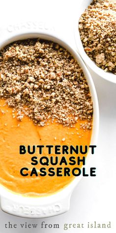 butternut squash casserole in a white bowl with the words butternut squash casserole above it