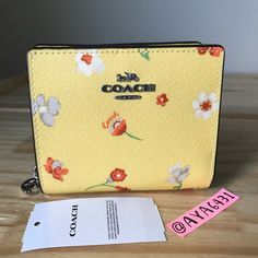 100% Authentic Coach C8703 Mystical Floral Print Snap Wallet Yellow Multi And Silver Hardware Brand New With Tags 4 1/8” L X 3 3/4” H Snap Wallet, Wrist Wallet, Red Wallet, Envelope Wallet, Bags Coach, Orange Accents, Coach Outlet, Aesthetic Stuff, Strawberry Print