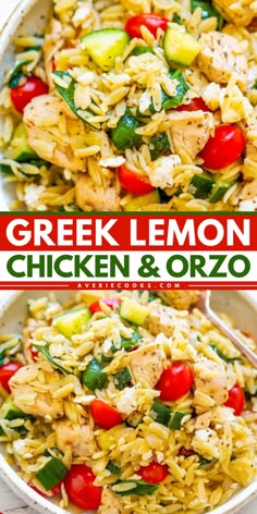 greek lemon chicken and orzo salad in a white bowl with the title above it