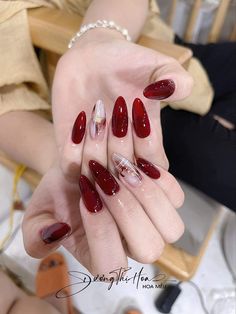 Red Nail Art Designs Nailart, Luxury Red Nails, Red Korean Nails, Red Douyin Nails, Dark Red Nails Design, Dark Red Nails With Design, Dark Red Nail Designs, Dark Red Nail Art