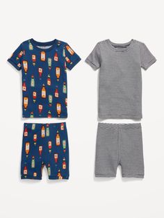 set includes 2 short-sleeve pajama t-shirts and 2 pajama shorts rib-knit crew neck pajama shorts have elasticized waist rib-knit cuffs all-over print snug fit through body Matching Pajama, Kids Pjs, Sleep Pants, Matching Pajamas, Baby Set, Pajama Bottoms, Pajama Shorts, Baby Size, Knit Cuff