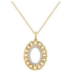 Bring sparkle to your favorite casual or dressy looks with this diamond oval pendant. This diamond pendant is crafted from 14-karat yellow gold and features 26 brilliant cut diamonds set in prong setting. H-I color I2 clarity and a high polish finish complete the Brilliant sophistication of this head-turning pendant. The total diamond weight 0.18 carat and this pendant suspends along with an cable chain. Yellow Gold Diamond Oval Pendant Jewelry, Fine Jewelry Diamond Cut Oval Pendant, Luxury Yellow Gold Oval Pendant Jewelry, Luxury Hallmarked Oval Pendant Jewelry, Yellow Gold Diamond-cut Oval Pendant, Oval Frame, Oval Pendant, Art Deco Diamond, Oval Diamond