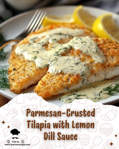 parmesan crusted tila with lemon dill sauce on a white plate