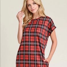 This Is A Plaid Shirt Dress With Cuffed Short Sleeves And Pockets On Both Sides And Cut Out In Back At The Top Neckline Area. 67% Polyester 31% Rayon 2% Spandex Casual Red Mini Dress For Daywear, Casual Plaid Short Sleeve Dress, Casual Short Sleeve Mini Dress For Loungewear, Red Casual Loungewear Dresses, Casual Red Loungewear Dress, Plaid Dress Shirt, Plaid Dress, Cut Out, Colorful Dresses