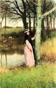 a painting of a woman leaning against a tree in the grass next to a lake