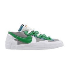 Find NIKE Sacai X Blazer Low 'classic on Editorialist. The sacai x Nike Blazer Low ‘Classic Green’ delivers Chitose Abe’s artfully reconstructed interpretation of the vintage hoops shoe. Double-stacked green and white Swooshes decorate a grey leather upper reinforced with overlapping layers of white rubber, rendered in the same distinctive texture seen on the midsole. Exposed foam construction is used on the collar and doubled-up tongues, one of which is finished in blue and accented with a dual-branded woven tag. Underfoot, a classic herringbone-traction rubber outsole yields superior grip. Nike Blazer Low, Nike Sacai, Blazer Low, Sneaker Stores, Double Up, Nike Blazer, New Nike, Grey Leather, Green And White