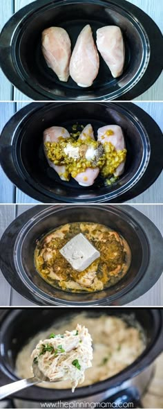 four different types of food being cooked in slow cookers