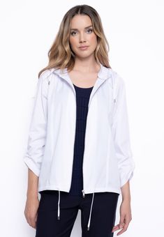 Introducing the must-have Spring wardrobe essential - our Lightweight White Jacket! Designed with a convenient hood and crafted from a comfortable cotton-blend fabric, this jacket will make your daily outfit decisions a breeze. Stay stylish and comfortable with this versatile and easy-to-wear piece. Details: Long sleeves with buttons Zip front closure with drawstrings Designed with a hood 2 Patch pockets Medium length Fabric content: 60% Cotton 40% Polyester By Picadilly Canada Lightweight White Everyday Hooded Jacket With Double-lined Hood, Everyday Solid Color Hooded Jacket With Double-lined Hood, Spring Cotton Hooded Jacket For Everyday, Everyday Spring Cotton Hooded Jacket, Casual Windbreaker For Everyday Spring Wear, Hooded Spring Outerwear For Everyday, Spring Everyday Hooded Outerwear, Everyday Hooded Outerwear For Spring, White Outerwear With Drawstring Hood And Relaxed Fit