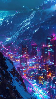 the city is lit up at night with bright lights in the mountains and snow on the ground