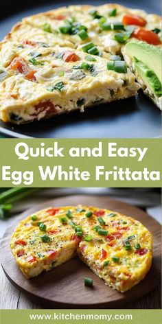 an egg and vegetable frittata on a plate with the words quick and easy egg white frittata