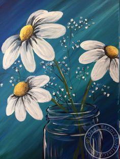 a painting of three daisies in a mason jar on a blue and green background