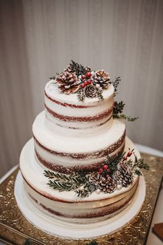 a three tiered wedding cake with pine cones and berries