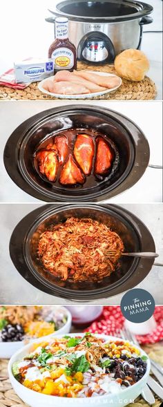 an image of food being cooked in the slow cooker and then served with other foods