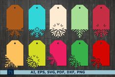 christmas sale tags with snowflakes on them in different colors and sizes, cut out from