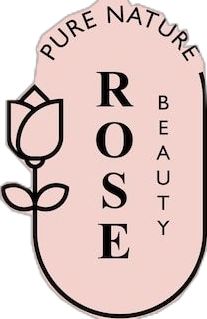 the logo for rose beauty is shown in black and white letters on a pink background