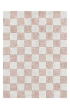 a beige and white rug with squares on it