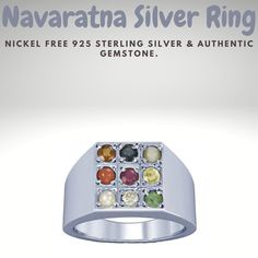 "Hand Crafted Navaratna Silver Ring  Navaratna refers to the nine gemstones related to the nine planets used in Vedic astrology. The word \"nava\" means nine and \"ratna\" means gem in the Sanskrit language. Navaratnas are considered auspicious and believed to bring good health to whoever wears it. Navaratna Jewelry is getting more consideration nowadays in view of its trendy looks and mysterious advantages. It symbolizes health, prosperity, happiness and peace of mind. Also, it wards off negative energies and effects from planets, while strengthens the positive influences of the gems. In the case of wearing visionary cures, one can wear gemstone adornments based their zodiac or horoscope, or wear a Navaratna or Navagraha gems which incorporates nine stones that speak to the nine planets." Gift Emerald Multi-stone Ring In White Gold, Silver Hallmarked Birthstone Ring For May, Silver Multi-stone Emerald Ring Gift, Silver Multi-stone Rings For May Birthstone, May Birthstone Multi-stone Silver Ring, Nine Planets, Sanskrit Language, Ruby Emerald, Vedic Astrology