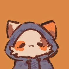 a drawing of a cat wearing a blue hoodie and standing in front of an orange background