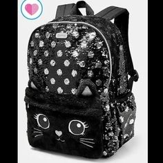 Justice Girls Black Cat Kitty Flip Sequin Backpack School Bookbag Black Silver - No Hood Manufacturer's Description: Purr-Fect School Style Go-Everywhere Backpack That Holds All Her Essentials Cute Kitty Design With Fun Flip Sequins And Fuzzy Faux Fur Two Zip Compartments And Two Side Pockets Adjustable Padded Straps 11'' W X 14" H X 5.75" D New With Tags Fast Shipping. Ship From A Non-Smoking, Pet Free Home. Pusheen Collection, Justice Bags, Justice Backpacks, Cat School, Disney Tote Bags, Fuzzy Cat, Justice Accessories, Lps Customs, Unicorn Bag