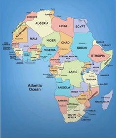 a map of africa with all the major cities and their names on it's borders