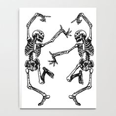 three skeletons dancing together in black and white