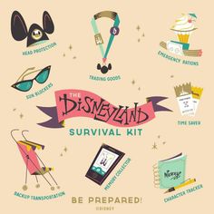 the disneyland survival kit is shown in this image, with other items around it and text on