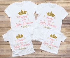 Little Princess matching Family Shirts - blue and gold prince shirt, baby shower shirts,glold crown shirt. Girl baby shower  This listing is for one shirt. If you want more than one then you need to choose the style/size you want from the dropdown menu - then choose 'add to cart' - then come back and repeat the process until you have added all the shirts you want. Only after that can you proceed with your full purchase from the cart Shirts are unisex size, so please measure yourself or a shirt y Gold Short Sleeve Top As Gift, Gold Crew Neck Top As Gift, Gold Tops With Letter Print For Gifts, Prince Shirt, Baby Shower Shirts, Disney Princess Babies, Matching Family Shirts, Gold Shower, Family Shirts Matching