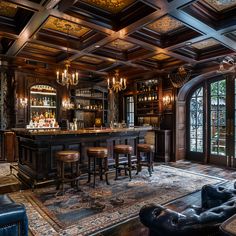 an elegant bar with leather chairs and chandeliers in the middle of a room