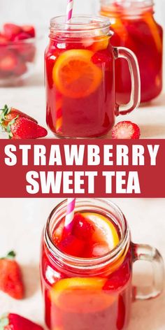 strawberry sweet tea in mason jars with strawberries