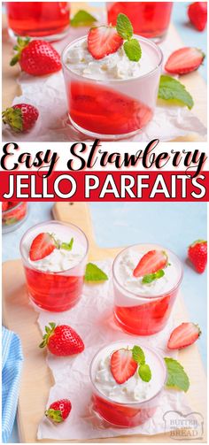 strawberry jello parfaits with whipped cream and fresh strawberries