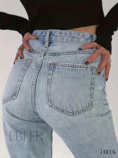 Ebeek - Womens Casual Denim Pants: Blue Loose Fit Straight Jeans with Slash Pockets, Mid Waist, Non-Stretch Fabric Baggy Jeans Ripped, High Waist Jeans Style, High Waist Baggy Jeans, Baggy Jeans Women, Jean Fashion, Mom Jeans Style, Olive Jeans, Womens Prom Dresses, Skirt And Sneakers